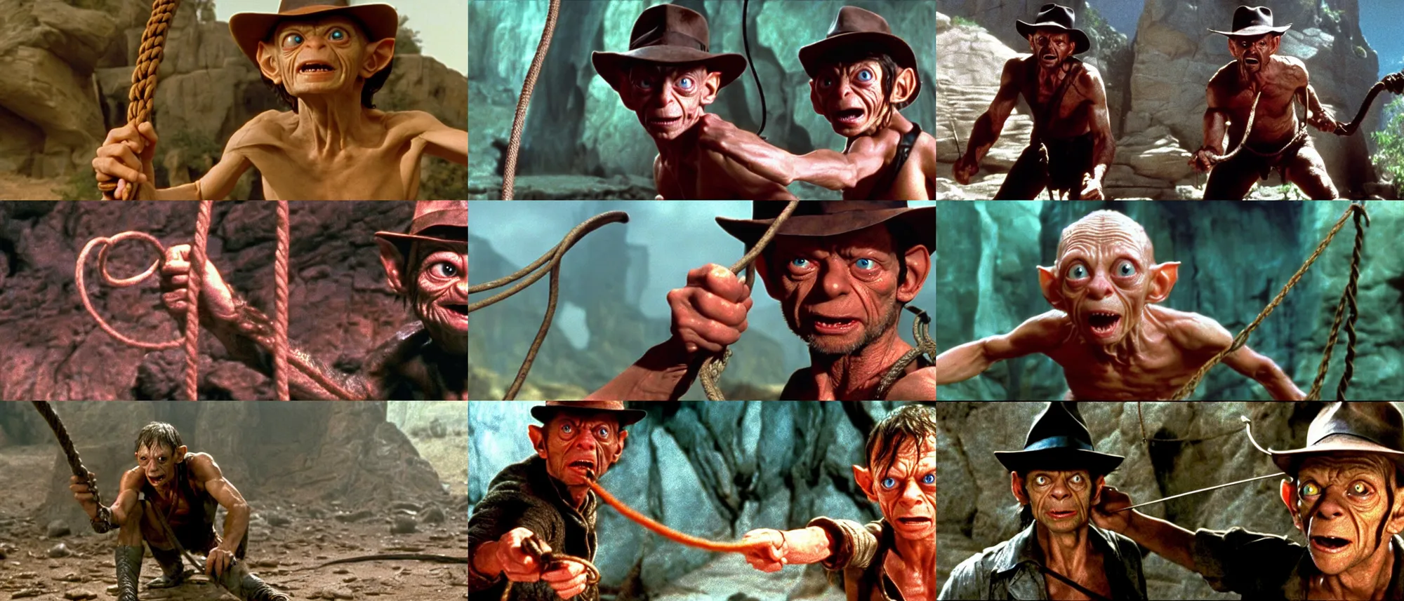 Prompt: a cinematic cinemascope portrait still of gollum as indiana jones with a whip in indiana jones and the last crusade ( 1 9 8 9 ),