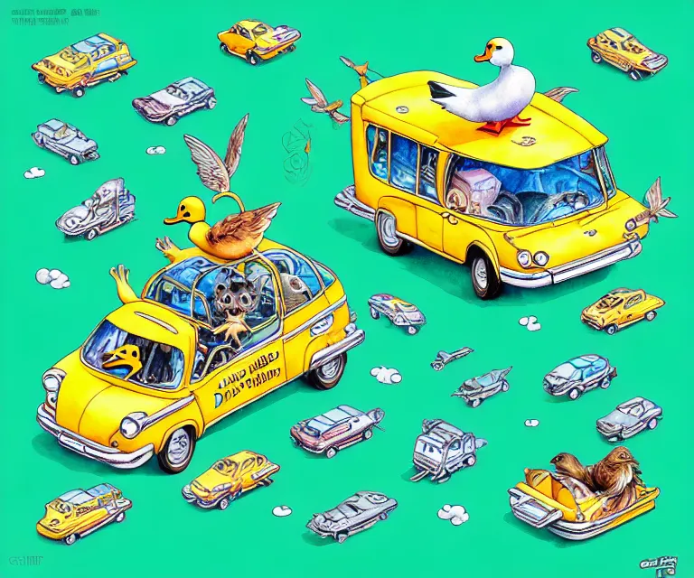 Image similar to cute and funny, duck riding in a tiny amphibious bus, ratfink style by ed roth, centered award winning watercolor pen illustration, isometric illustration by chihiro iwasaki, edited by craola, tiny details by artgerm and watercolor girl, symmetrically isometrically centered