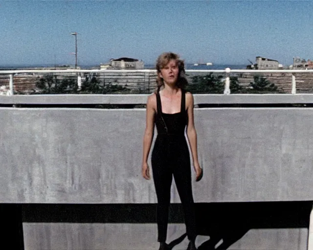 Prompt: a still of a young woman standing on a huge concrete white balcony, high above the ground, of a minimalist brutalist beach house, outside view, angle, clear sky and background, in the music video Wrapped Around your Finger (1983)