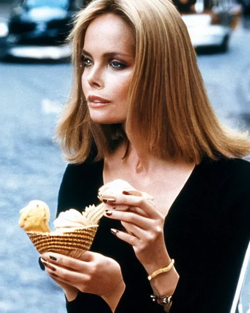 Image similar to portrait of a blonde barbara bach from the bond film eating ice creams in porto