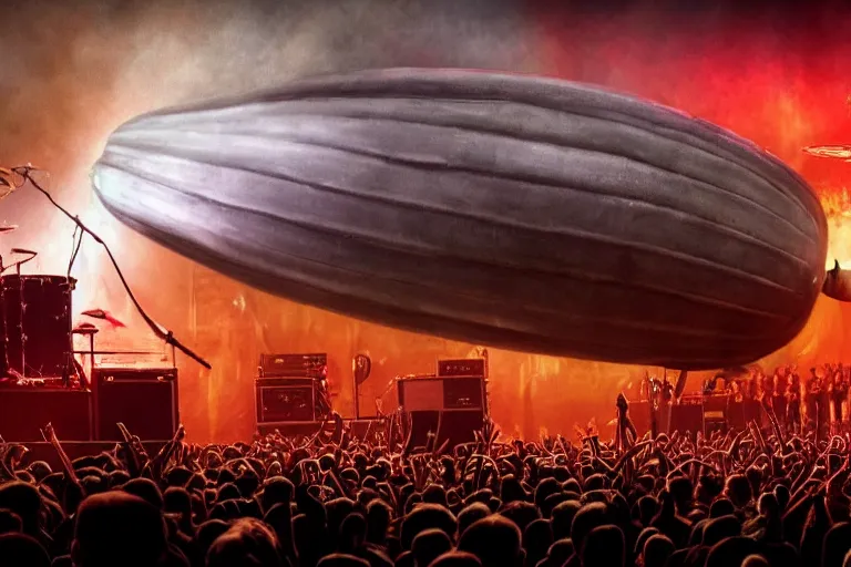 Prompt: a doom metal band playing a concert as the hindenburg crashes in the background, high definition, photorealistic art, drums, bass, keyboard, guitar, 4 k,