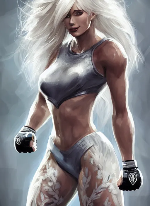 Prompt: a highly detailed illustration of fierce platinum blonde woman wearing mma gear, dramatic smile pose intricate, elegant, highly detailed, centered, digital painting, artstation, concept art, smooth, sharp focus, league of legends concept art, WLOP