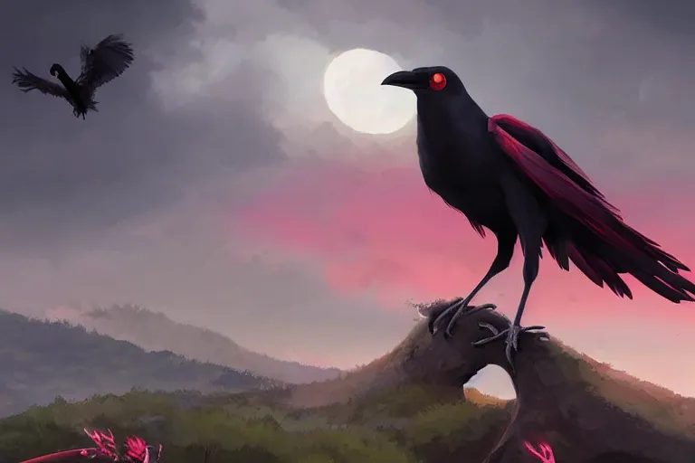Image similar to red - eyed scary gigantic crow standing on top of a hill, looking down, holding a pink little worm in its beak, cloudy sky in the background, digital painting, epic, pokemon style, earth type pokemon, smooth, trending on artstation, professional painting, full body composition, long shot, made by greg rutkowski