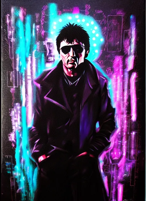 Image similar to photorealistic tony montana in a style of cyberpunk, magic glowing blur, glamour necro science acrylic painting, salvia divinorum made in abyss