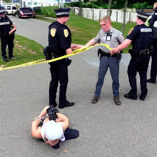 Prompt: Jerma985 being handcuffed by police, photograph