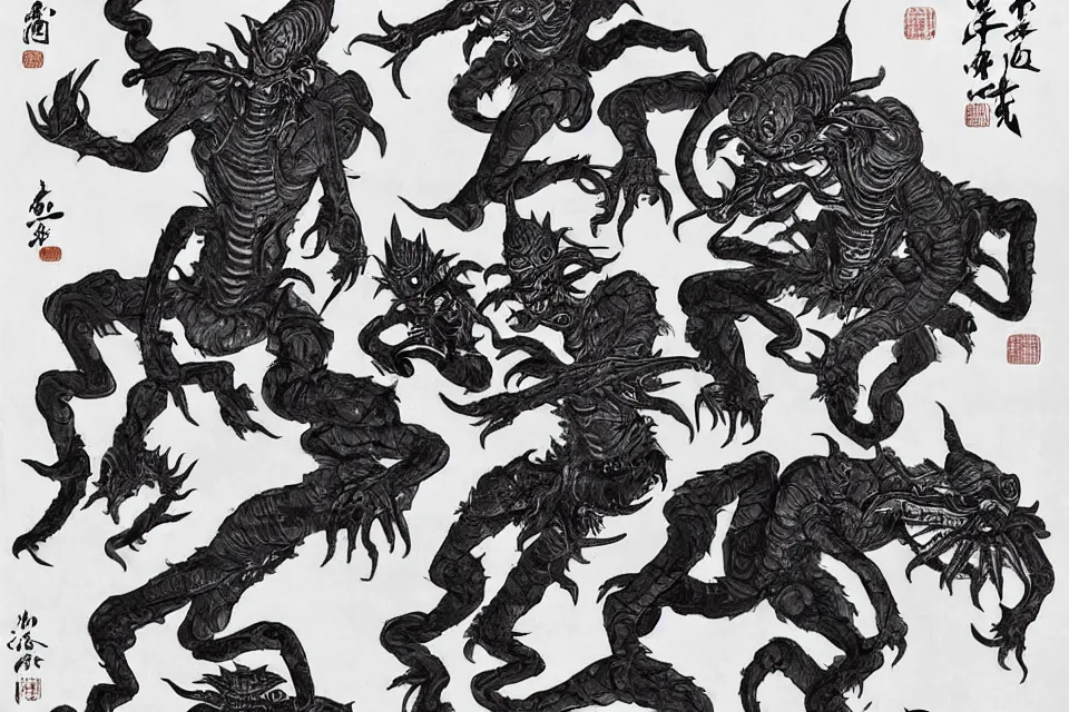 Prompt: many alien monsters are fighting with chinese immortals, traditional chinese ink painting.