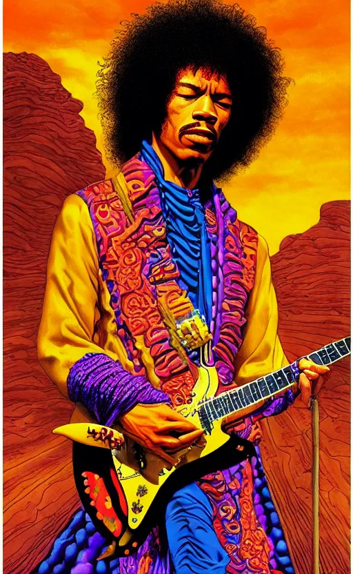 Image similar to an awesome jean giraud graphic art of jimi hendrix in the style of a renaissance masters portrait, new age symbolism and tibetan book of the dead imagery, intricately detailed, 4 k
