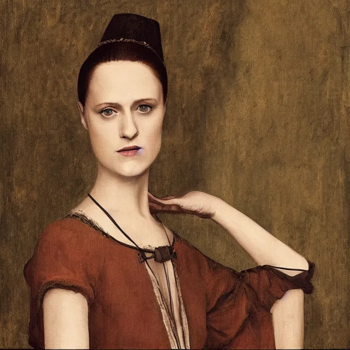 Image similar to dolores from tv show westworld, evan rachel wood, early netherlandish painting