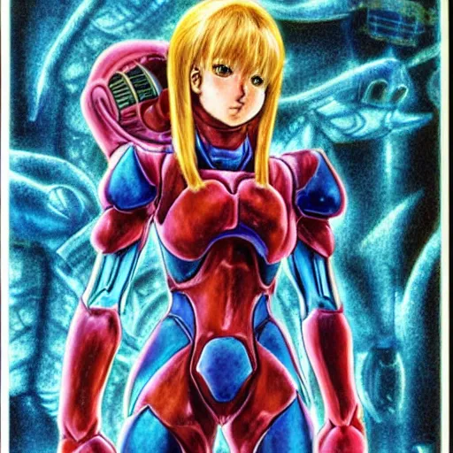 Image similar to Samus Aran from Metroid as illustrated by Yoshitaka Amano. 1994. Acrylic and Watercolor on lithography paper.