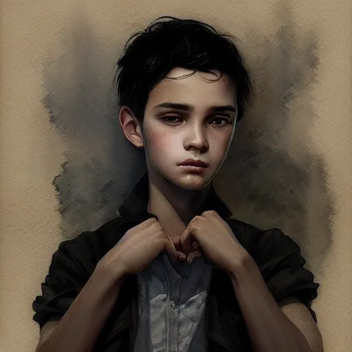Image similar to young boy, black hair, gorgeous, amazing, delicate, elegant, intricate, highly detailed, watercolor, portrait, artstation, concept art, sharp focus, illustration, art by charlie bowater and Ross tran