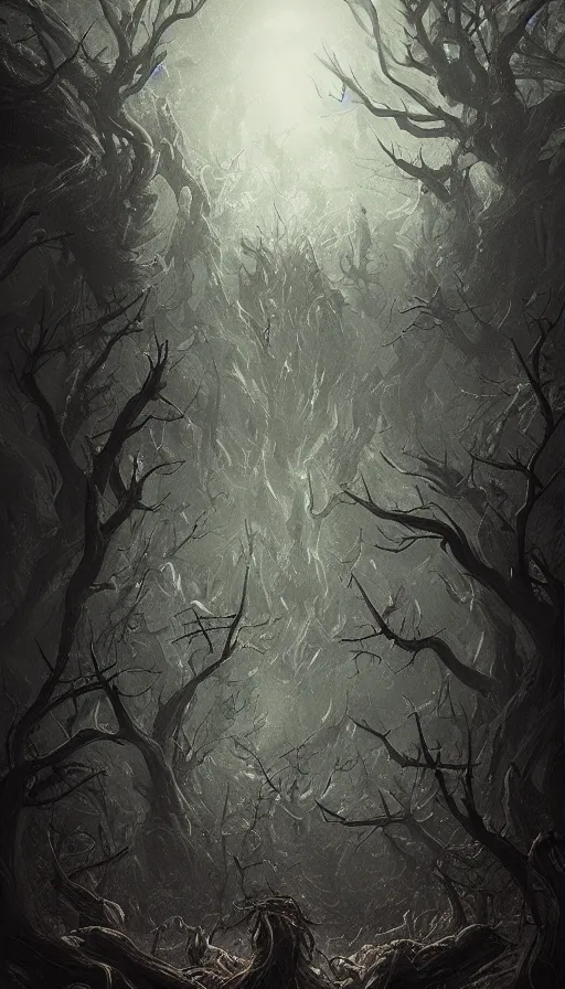 Prompt: a storm vortex made of many demonic eyes and teeth over a forest, by wlop