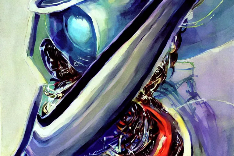 Image similar to portrait of a biomechanical head inside a futuristic space helmet, vintage, neon, white metal, iridescent visor, smooth, sharp focus, high detail, deviantart, art by Syd Mead and John Berkey,