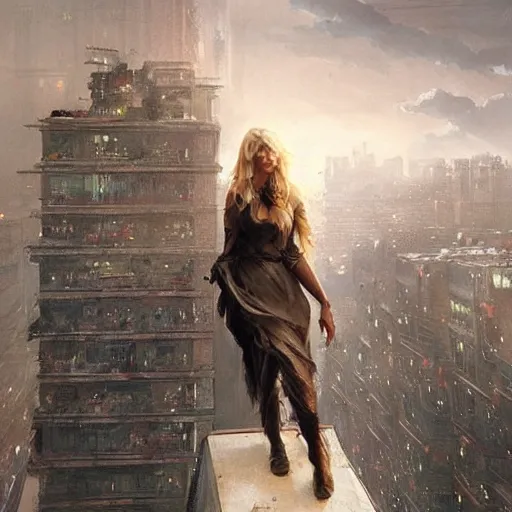 Prompt: a beautiful giant woman over a city, blonde, long hair, by greg rutkowski