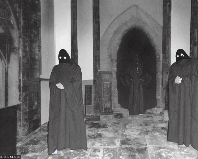 Prompt: cultists dressed in robes with masks and gloves, burnt church interior, ceremonial, realistic photo, cctv footage, investigative footage - n 9 - h 3 8 4