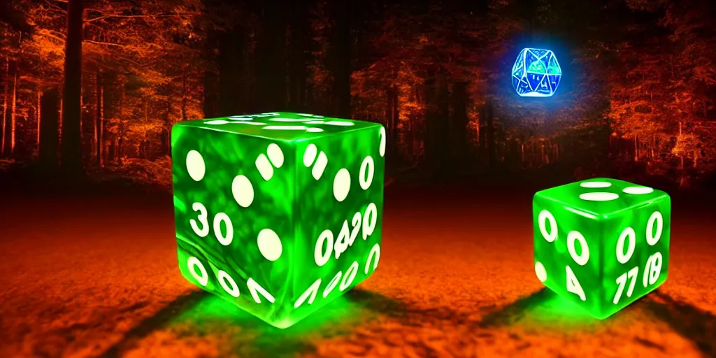 Image similar to forest god rolling giant magical 3 d d 6 casino dice cube, glowing, energy radiating, fantasy forest in the background, 4 k detailed, symmetry, by shaddy safadi and cam sykes and james paick