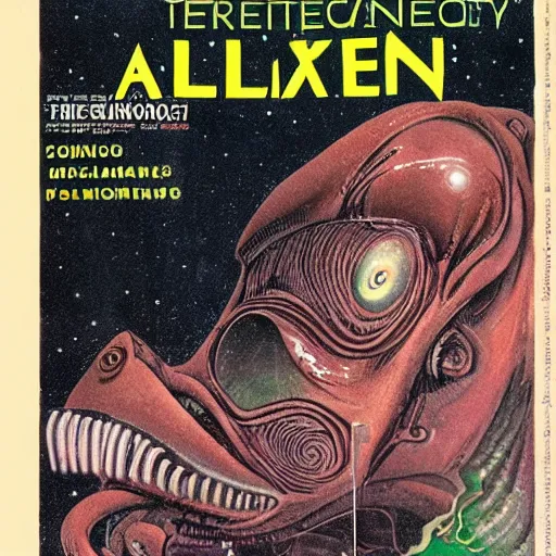 Prompt: a magazine cover for the documantation of the first alien species