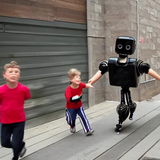 Image similar to in the style of 1960s, scary robot is chasing kids down the ally