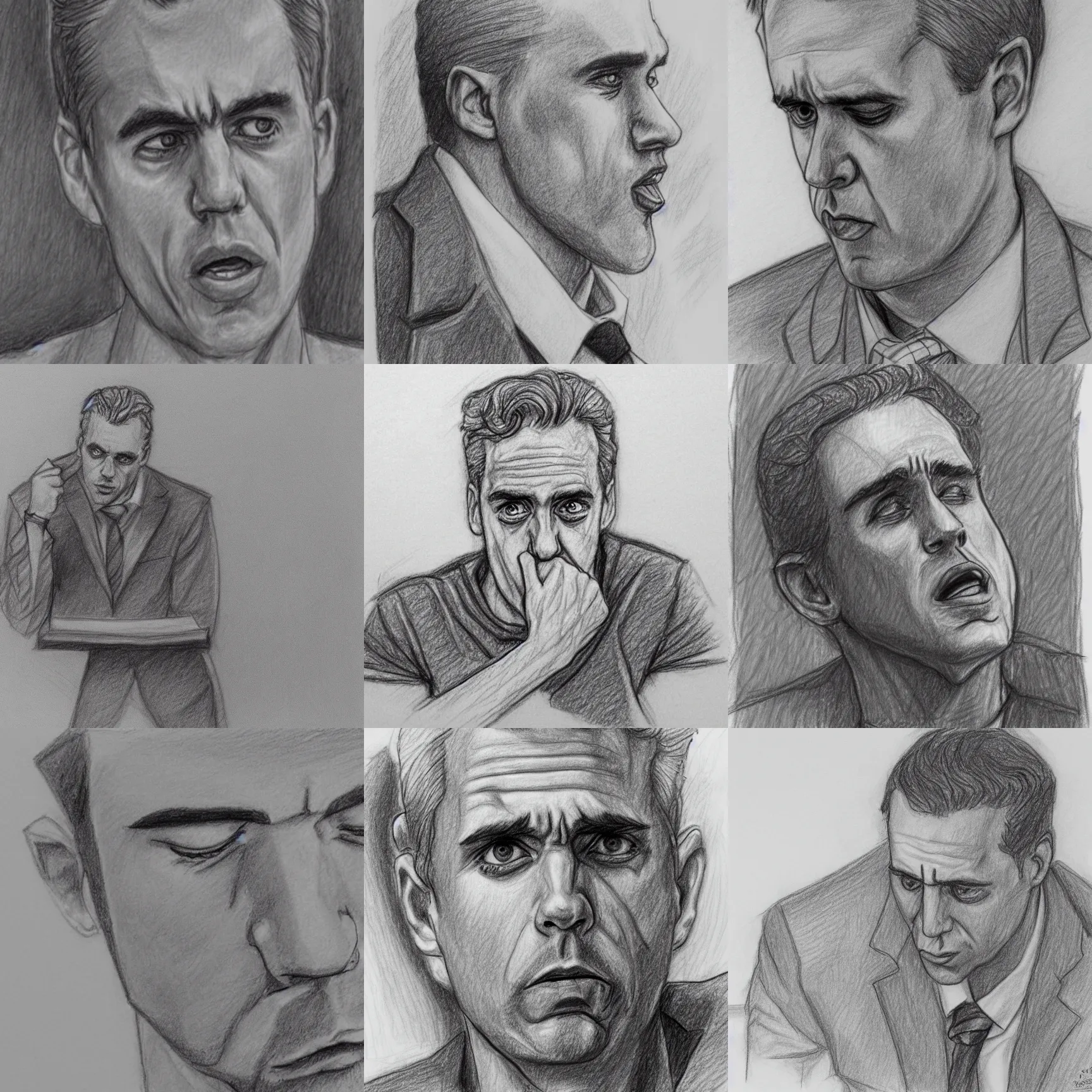 Prompt: jordan peterson crying while giving a college lecture, pencil sketch