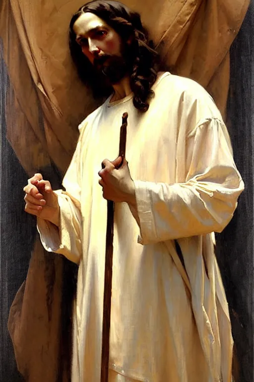 Image similar to leyendecker and solomon joseph solomon and richard schmid and jeremy lipking victorian loose genre loose painting full length portrait painting of jesus