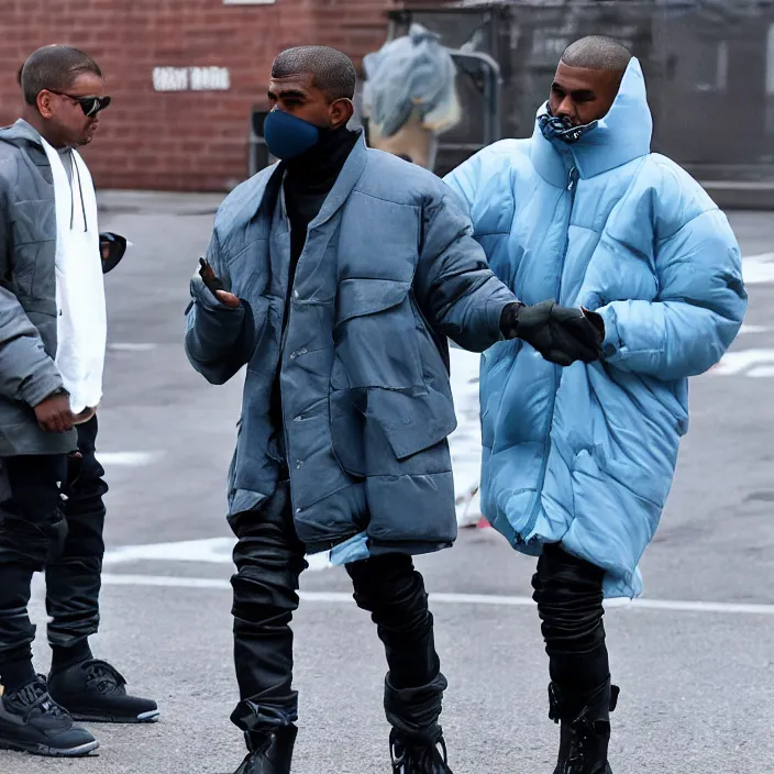 Image similar to kanye west using a full face covering black mask, a undersized light blue round puffer jacket made of nylon and big black rubber boots,