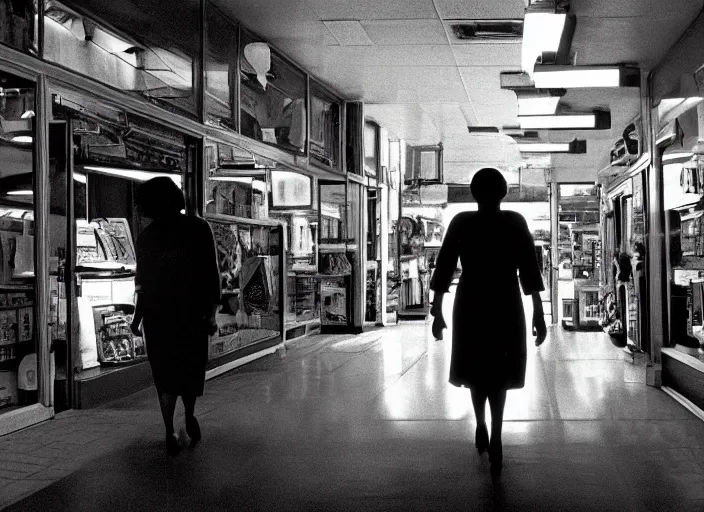 Image similar to cinematic shot of backlit windows of a narrow used electronics store where octavia spencer wanders the cramped messy aisles,, iconic scene from the paranoid thriller sci fi film directed by stanley kubrick, set in the near cyberpunk future, anamorphic cinematography, beautiful composition, color theory, leading lines, photorealistic, volumetric lighting