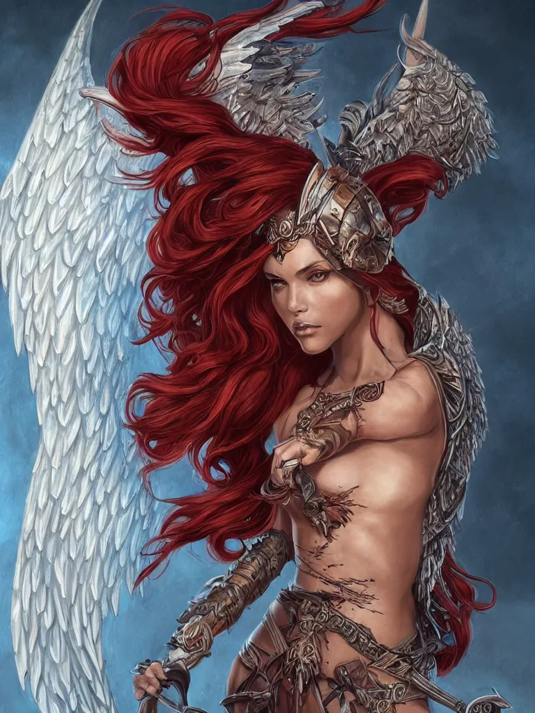 Image similar to a whole body D&D style illustration of Adriana as a warrior angel woman with angel wings wide opened , covered by elfish tattoos and wavy red hair, intricate, elegant, highly detailed, digital painting, artstation, wallpaper!, concept art, smooth, sharp focus, high fantasy illustration, art by artgerm and Vasylina, and Peter Andrew Jones