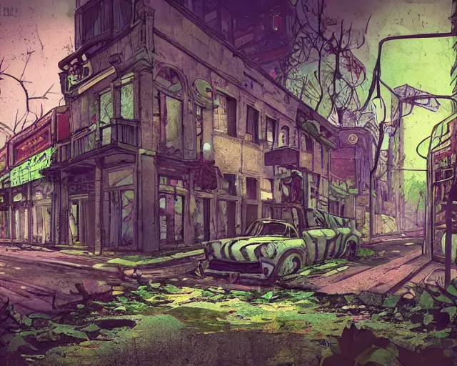 Prompt: the abandoned streets of the overgrown city in the style of decopunk/crystalpunk