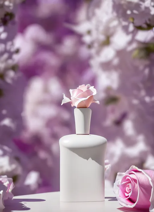 Image similar to perfume bottle standing in white enchanted garden of pink flowers, roses in an ivory room well contoured smooth fair walls, up close shot, sharp focus, global illumination, radiant light, surral photography, octane highly render, 4 k, ultra hd,