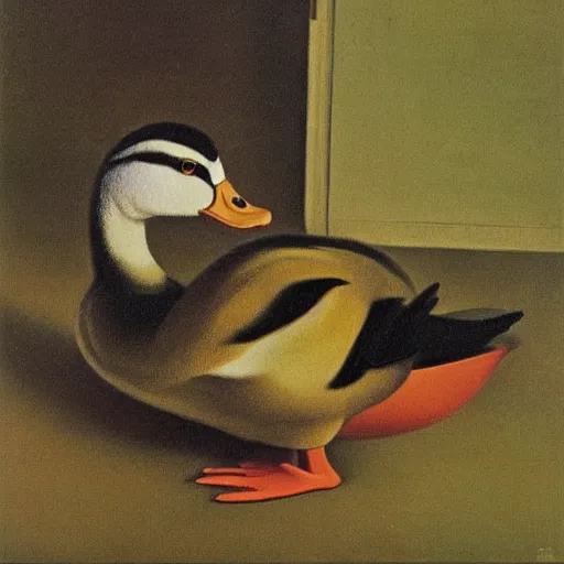 Prompt: a duck on the prowl oil painting marcel duchamp