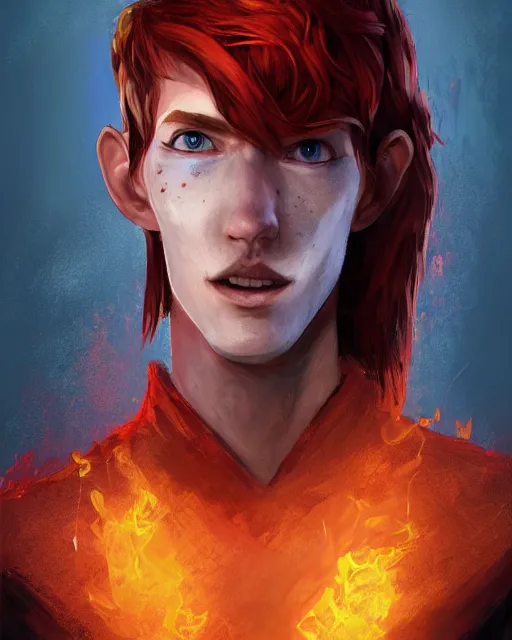 Prompt: an epic fantasy comic book style portrait painting of tall, thin, 1 5 - year - old boy with a long nose, a lot of freckles, fiery red hair, and bright blue eyes, unreal 5, daz, hyperrealistic, octane render, cosplay, rpg portrait, dynamic lighting