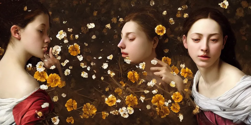 Image similar to beautiful oil matte portrait painting, women rained on by flower petals, wonderful masterpiece highly detailed, beautiful cinematic light deep focus, elegant, digital painting, smooth, sharp focus, golden ratio, dramatic illumination, ultra realistic, 8 k, art by artemisia lomi gentileschi and caravaggio