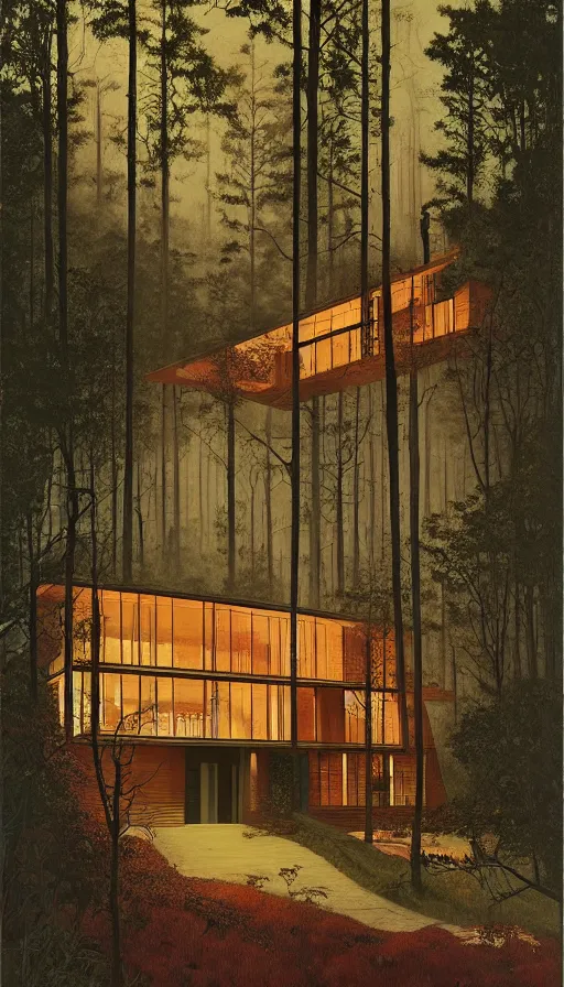 Image similar to cozy ultra modern home in the woods moody lighting, highly detailed, painting by zdzisław beksinski and norman rockwell and greg rutkowskiweta studio, and lucasfilm