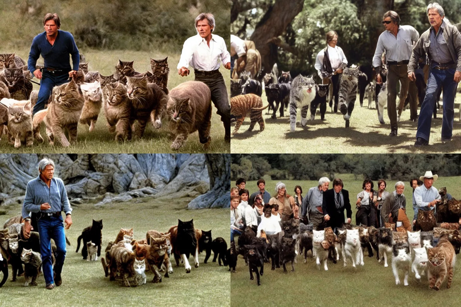 Prompt: Harrison Ford herding cats