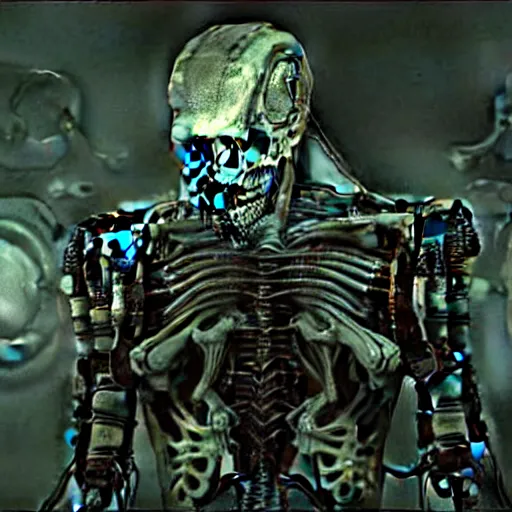 Image similar to biomechanical bone cyborg still frame from Prometheus movie by giger by Malczewski, undead king knight