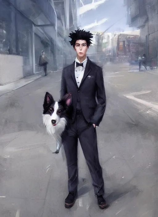 Prompt: beautiful portrait of a cute male anthropomorphic border collie fursona wearing a suit downtown. by charlie bowater, henry asencio, and ross tran. scenic background, detailed, concept art, detailed hands, glamor pose, aesthetic, trending on artstation, top rated on furaffinity and deviantart