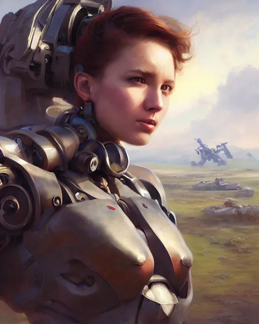 Prompt: daniel gerhartz and artgerm portrait digital rococo painting of a beautiful serious woman wearing a mecha suit, war torn battlefield in the background, glinting sunlight, unreal engine, hyper realism, realistic shading, cinematic composition, blender render, octane render, hdr, detailed textures, photorealistic, wide portrait shot, 3 5 mm film