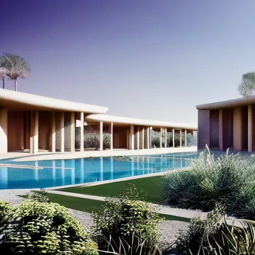 Prompt: architectural rendering of biophilia brutalism building in the desert, pool, garden