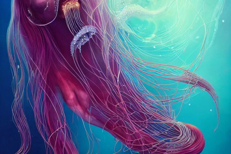 Prompt: full portrait of woman in deep water jellyfish swimming around her, elegant, highly detailed, smooth, sharp focus, trippy, dmt, psychedelic, illustration, beautiful, geometric, trending on artstation, cinematic, artwork by WLOP