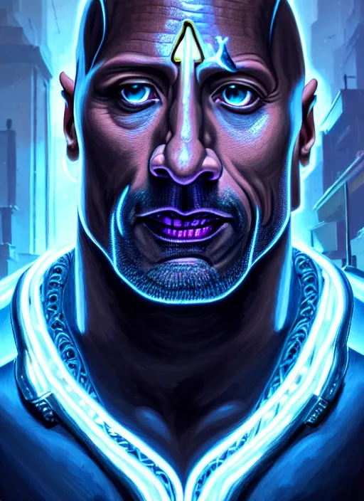 Prompt: portrait of dwayne johnson as cyberpunk shiva god of destruction, intricate, elegant, glowing lights, highly detailed, digital painting, artstation, glamor pose, concept art, smooth, sharp focus, illustration, art by artgerm and greg rutkowski, artey freytag