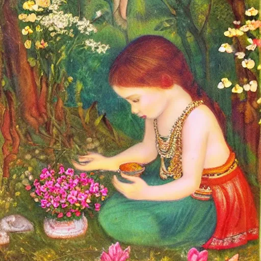 Prompt: “child girl goddess making a ritual with flowers in a magical forest, artwork”