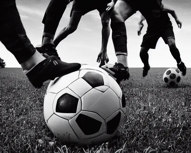 Prompt: incredible absurd surreal closeup photoshoot advertisement for soccer team, people playing soccer in the style of tim walker and by michael bay action movie vsco film grain