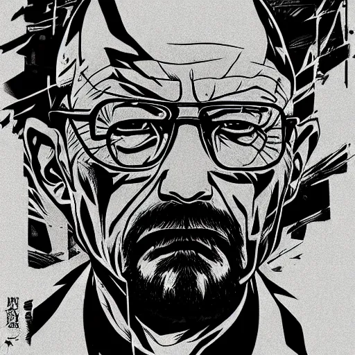 Image similar to a manga artwork of Walter White, in the style Katsuhiro Otomo, high detail, dark, drawing, wallpaper, character design, concept art