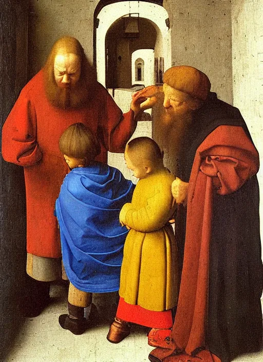 Image similar to Two little brothers meet a young man, medieval painting by Jan van Eyck, Johannes Vermeer, Florence