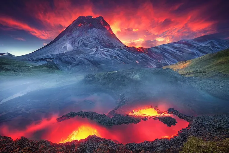 Prompt: amazing landscape photo of mountains with lava lake in sunset by marc adamus beautiful dramatic lighting, Gediminas Pranckevicius