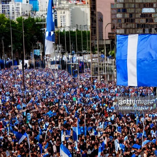 Image similar to Lady Gaga as president, Argentina presidential rally, Argentine flags behind, bokeh, giving a speech, detailed face, Argentina