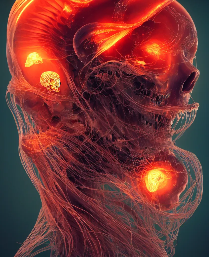 Prompt: goddess close-up face biomechanics skull portrait. jellyfish phoenix head, nautilus, butterfly, skull, betta fish, bioluminiscent creatures, intricate artwork by Tooth Wu and wlop and beeple. octane render, trending on artstation, greg rutkowski very coherent symmetrical artwork. cinematic, hyper realism, high detail, octane render, 8k