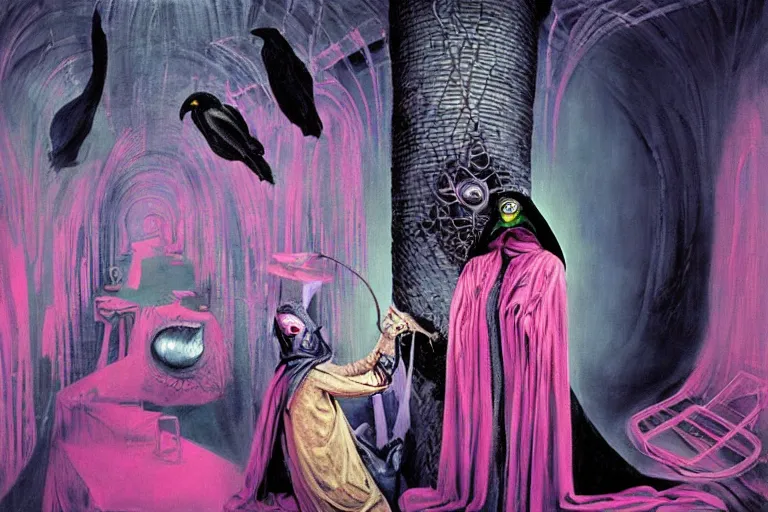 Image similar to a masterpiece painting in the laboratory of a technomancer wizard, in dazzle camouflaged robes, pointed hoods, he discusses sentience with his al djinn by remedios varo and anato finnstark and greg rutkowski and andy warhol and francis picabia. dayglo pink blue, prismatic, pearlescent, raven black, glowing, hyperrealism, trending on artstation