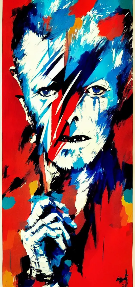 Prompt: David Bowie by Ashley Wood, Yoji Shinkawa, Jamie Hewlett, 60's French movie poster, French Impressionism, vivid colors, palette knife and brush strokes, Dutch tilt