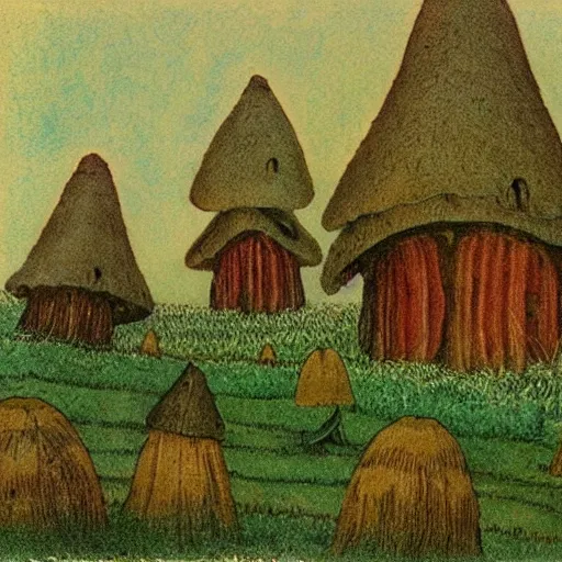 Prompt: a fairytale landscape with mushroom houses, in the style of John Bauer,