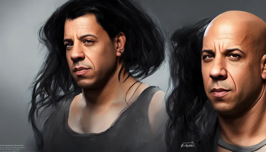 Image similar to Vin Diesel with long black hair, hyperdetailed, artstation, cgsociety, 8k